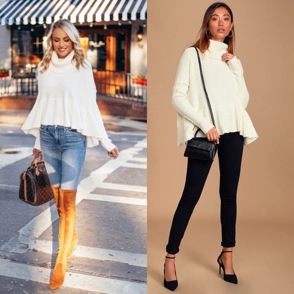 Free People Sweaters - Free People Layer Cake White Cowl Neck Peplum Sweater